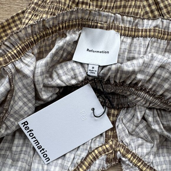 NWT Reformation Lauryn Checkered Quarter Sleeve Bow Top Brown 8 - Picture 7 of 17